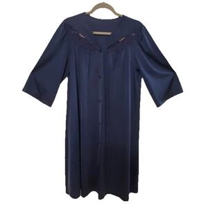 Shadowline Robe‎ Navy Peignoir Lingerie Nylon Lace Large Pink Roses Button Front